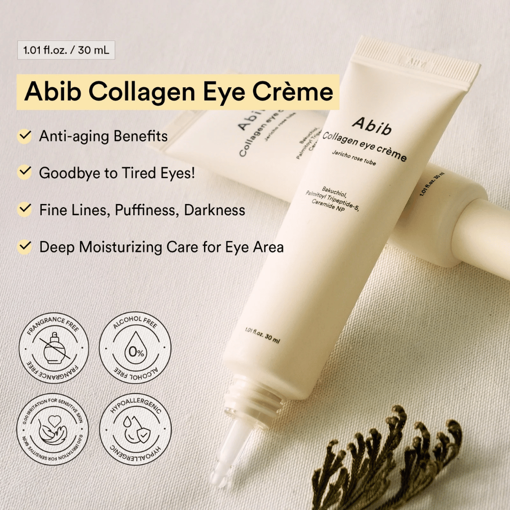 Abib Collagen Eye Crème with text about anti-aging and intense moisture for the eye area. Free from alcohol, perfume, and hypoallergenic.
