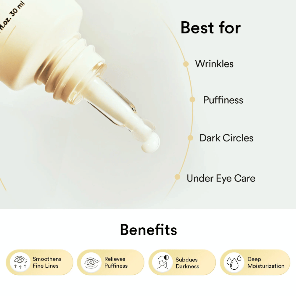 Drop image of serum-like cream. Improves wrinkles, puffiness, and dark circles under the eyes while deeply moisturizing.