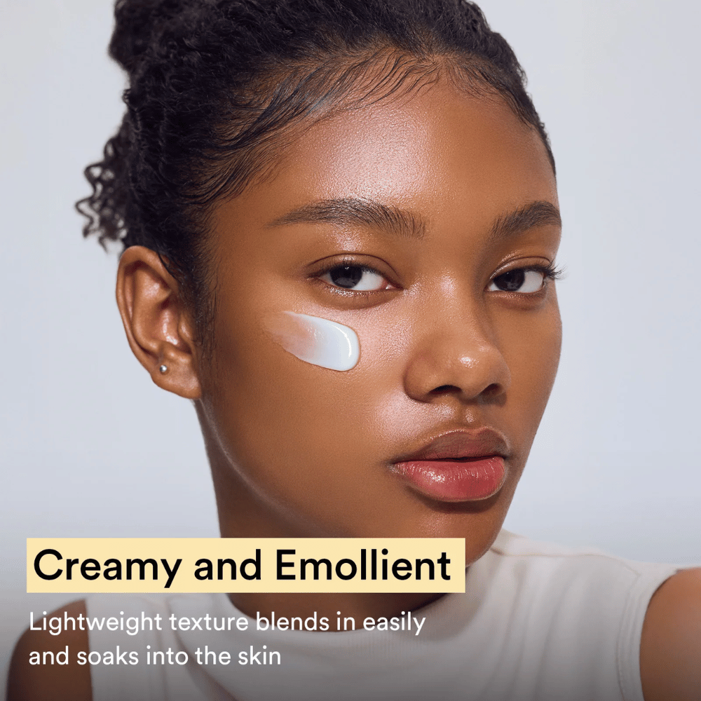 Woman with Abib Collagen Eye Crème on the cheek. The product has a silky texture that absorbs quickly and smooths the skin surface.