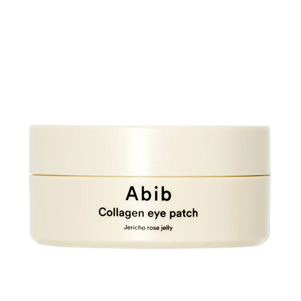 Packaging of Abib Collagen Eye Patch Jericho Rose Jelly – a beige jar with black text, designed to care for the under-eye area with collagen and moisturizing ingredients.