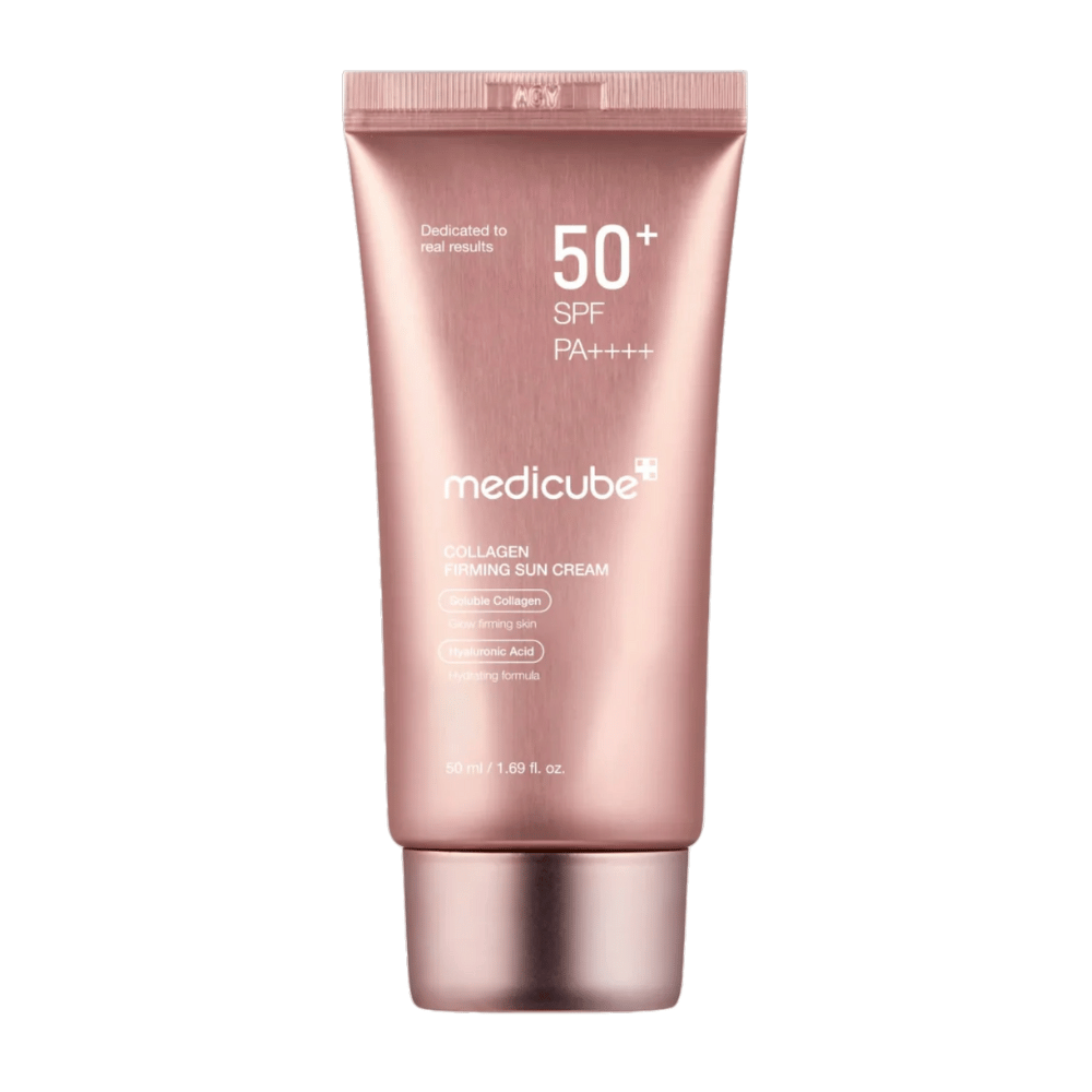 Medicube Collagen Firming Sun Cream SPF 50+ in rose gold tube – sun protection with collagen and hyaluronic acid that provides firmer, hydrated skin with radiance.