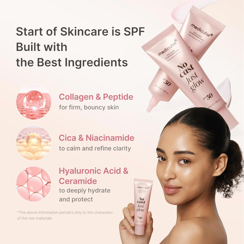 Medicube Collagen Glow Sunscreen SPF 50 with collagen, peptides, niacinamide and hyaluronic acid. A model is holding up the pink sunscreen tube.