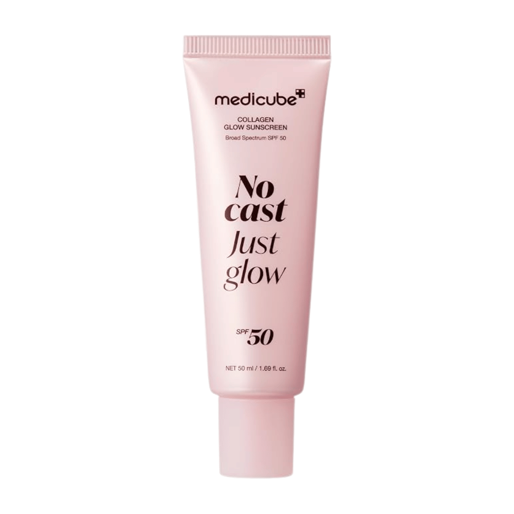 Medicube Collagen Glow Sunscreen SPF 50 50 ml, sunscreen with collagen in a light pink tube with the text No Cast Just Glow against a white background.
