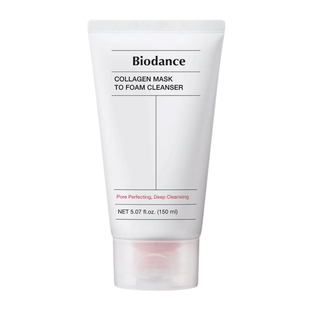 Product image of Biodance Collagen Mask to Foam Cleanser in a white tube with black text and pink details. Holds 150 ml and is marketed as deep cleansing and pore improving.