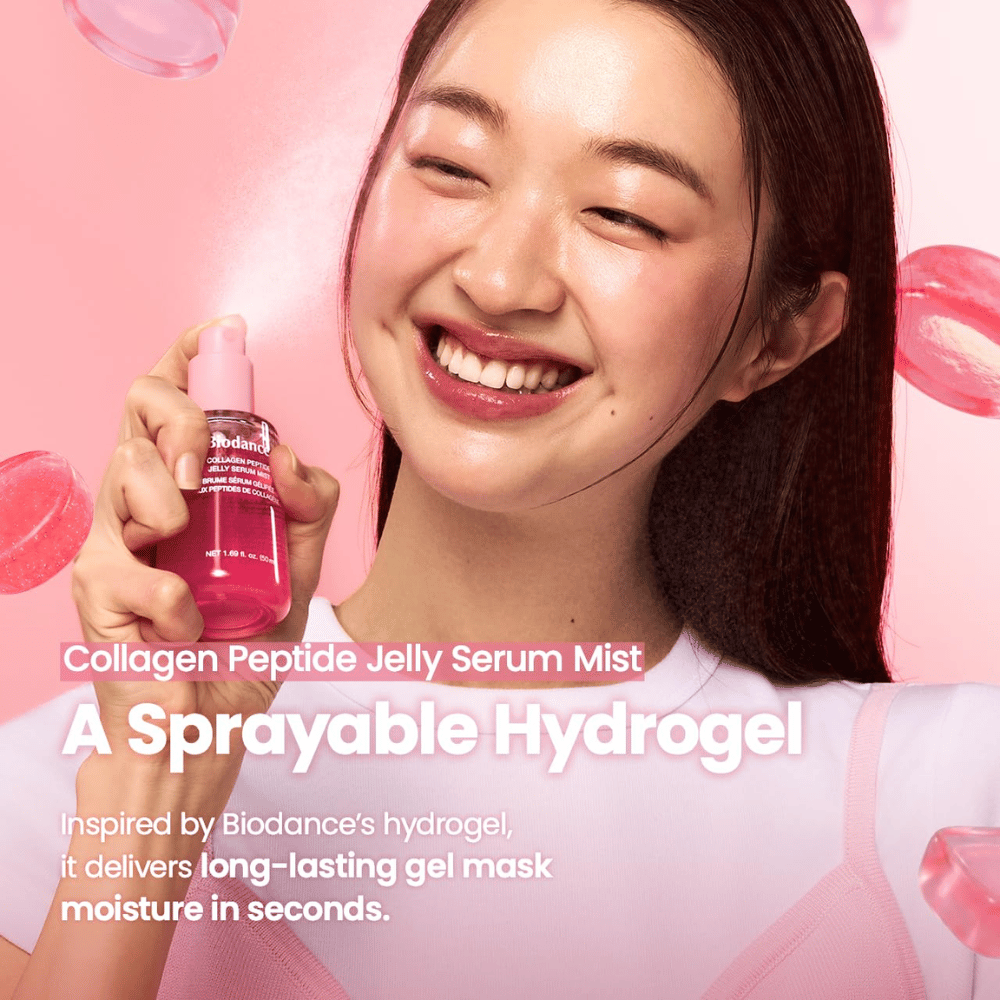 Biodance Collagen Peptide Jelly Serum Mist – sprayable hydrogel-inspired facial mist for fast and long-lasting hydration.