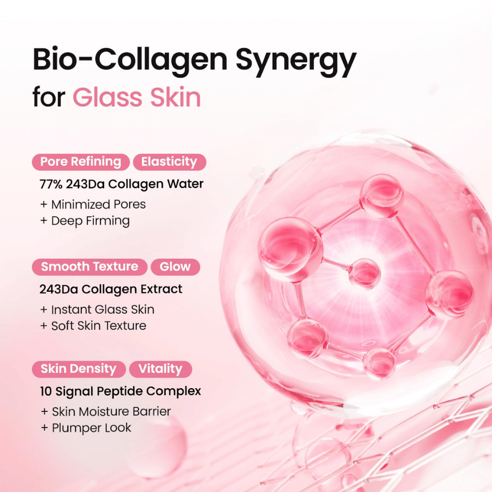 Biodance Collagen Peptide Jelly Serum Mist with 77% collagen water, collagen extract and peptide complex for radiance, firmness and hydration.