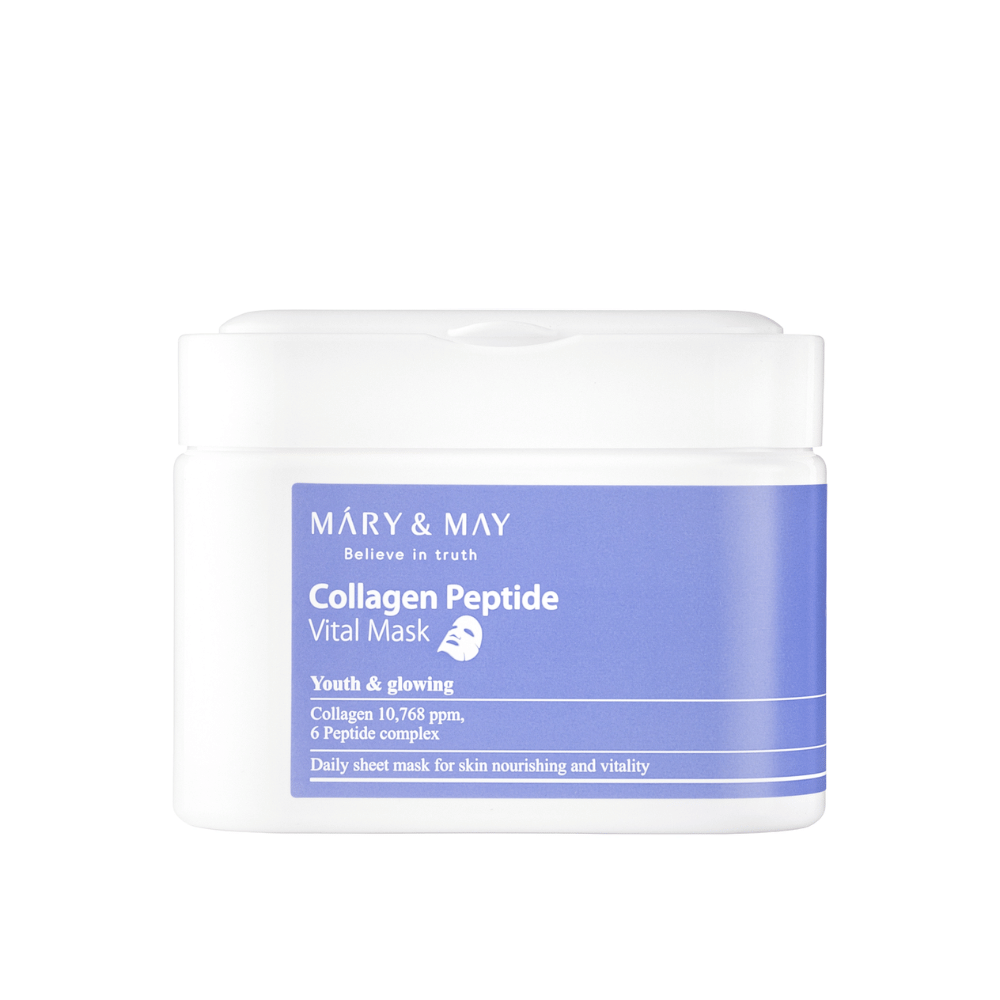 Collagen Peptide Vital Mask" from MARY & MAY in a white and purple jar. The product contains 10,768 ppm collagen and a peptide complex to nourish and glow the skin. This daily face mask is designed to provide a youthful and radiant complexion.