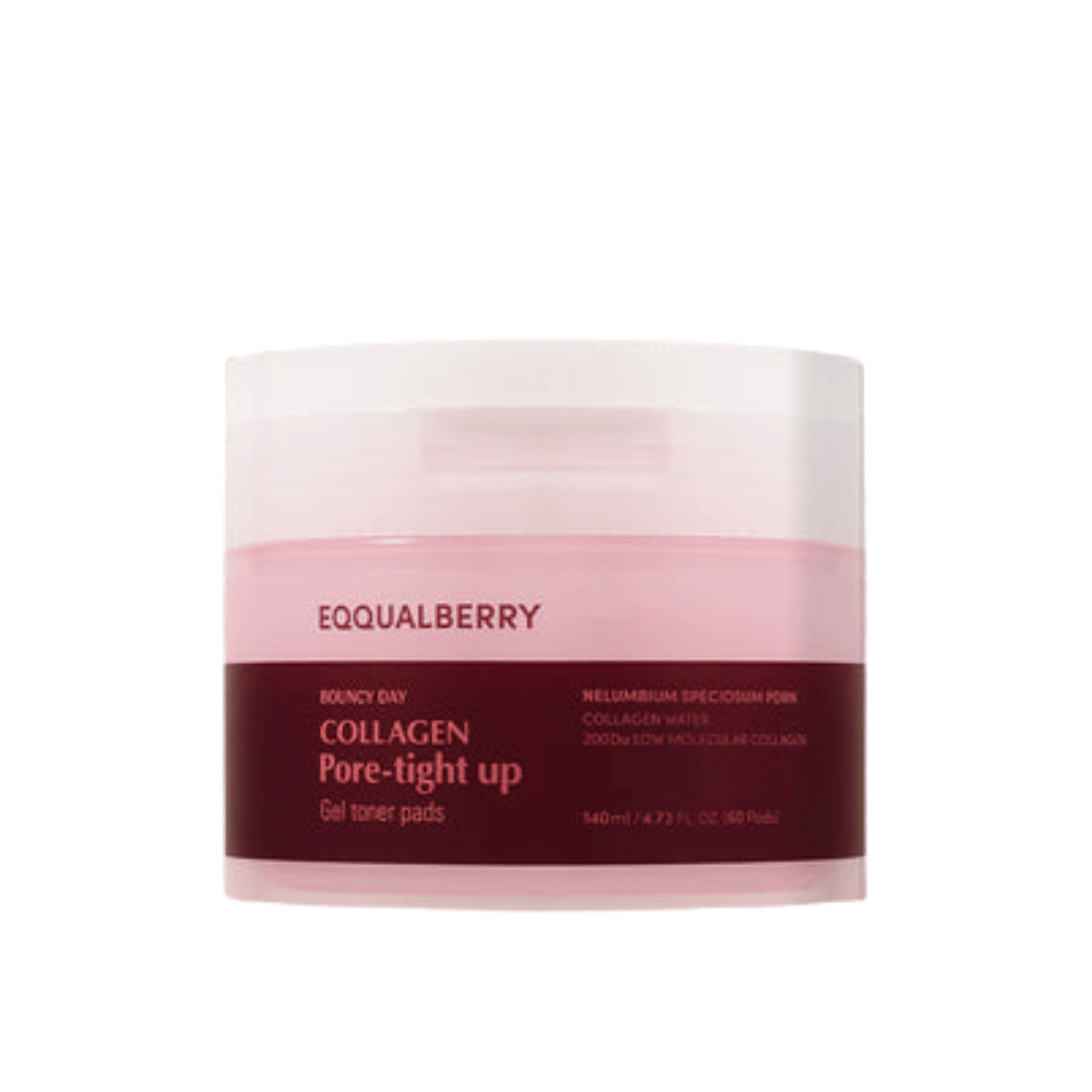 A jar of Bouncy Day Collagen Pore-Tight Up Gel Toner Pads. The jar is pink and red and contains 140 ml of product that helps to firm the skin and reduce pore size.