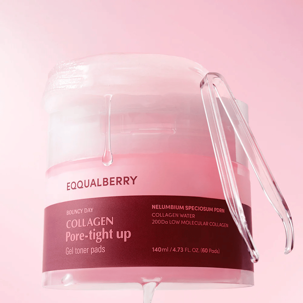 A package of Collagen Pore-Tight Up Gel Toner Pads, with a pink tone and active ingredients like collagen and Nelumbium Speciosum. The product shows how gel from the mask drips from the edge of the jar.
