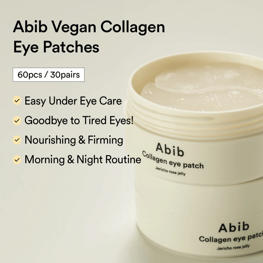 Abib Collagen Eye Patch Jericho Rose Jelly in an open jar with visible eye patches. Text describes benefits such as easy care for tired eyes, firming effect, and use morning and evening. 60 pcs / 30 pairs.