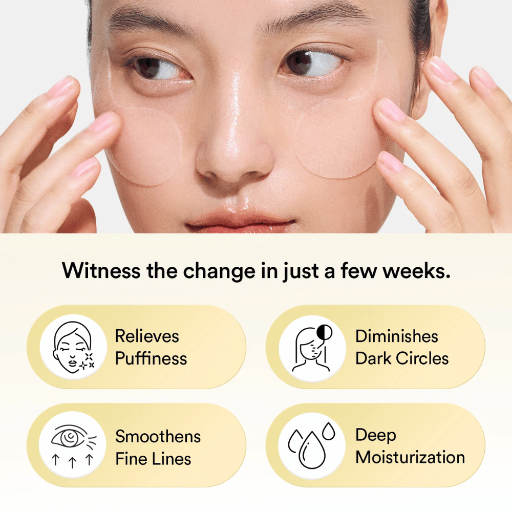 Close-up of woman applying Abib Collagen Eye Patch Jericho Rose Jelly under the eyes. Icons and text show the product's effects: reduces puffiness, diminishes dark circles, smooths fine lines, and deeply moisturizes.