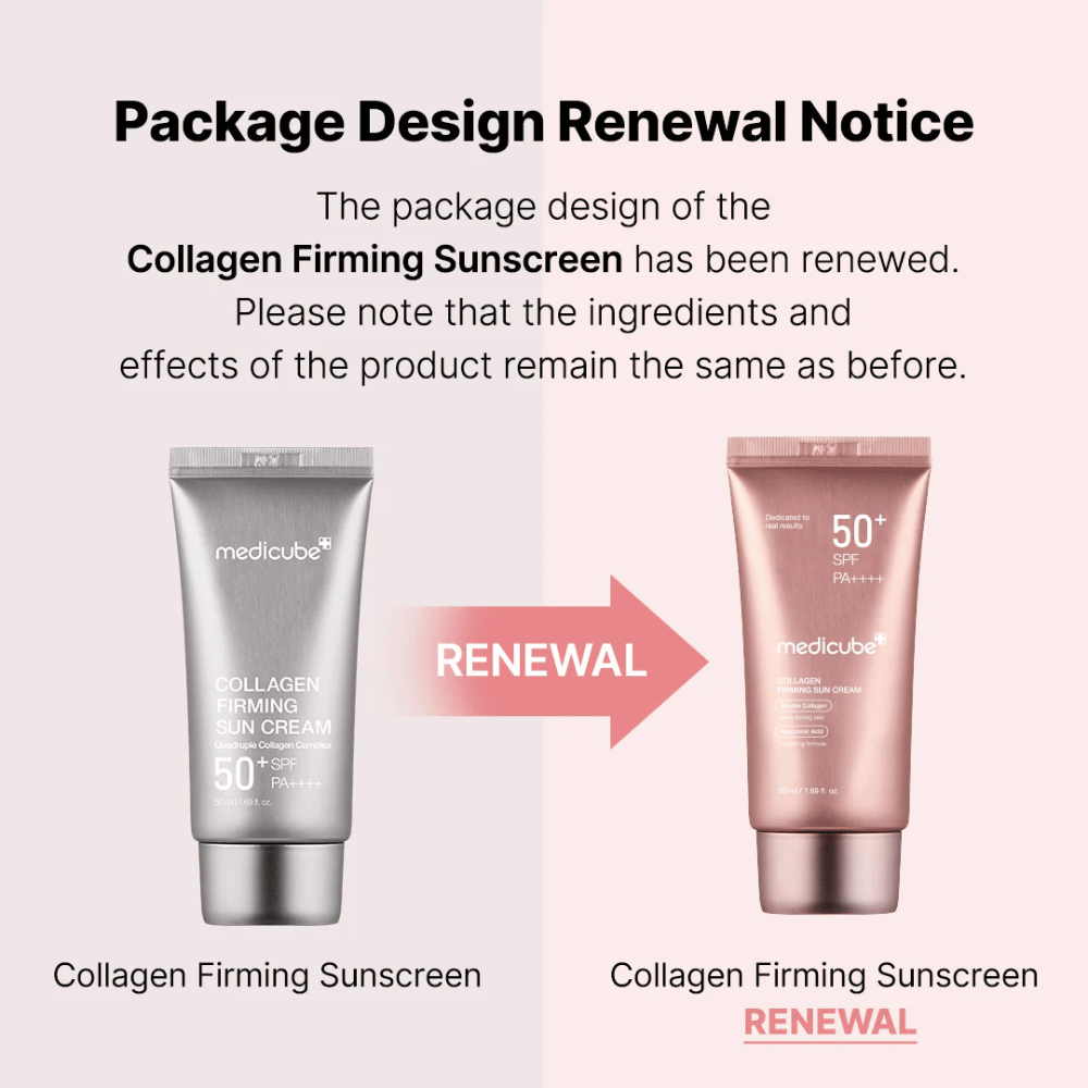 Medicube Collagen Firming Sunscreen has a new packaging design – from silver-colored tube to rose gold, with the same ingredients and effect as before.