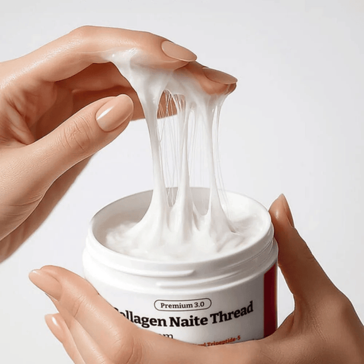 Close-up of MEDIPEEL Collagen Naite Thread Neck Cream Premium 3.0 showing a stringy, elastic cream texture with collagen that provides intense hydration and firmer skin on the neck and jawline.