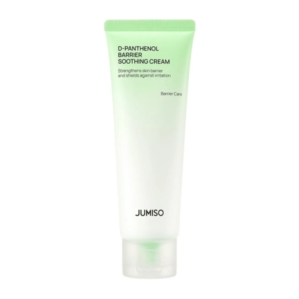 Product image of Jumiso D-Panthenol Barrier Soothing Cream in a green tube against a white background.