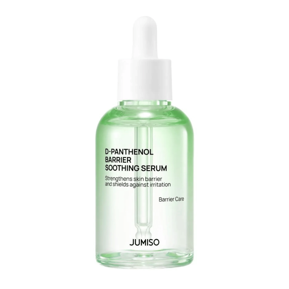 Studio photo of Jumiso D-Panthenol Barrier Soothing Serum in a green glass bottle with a pipette, against a white background.