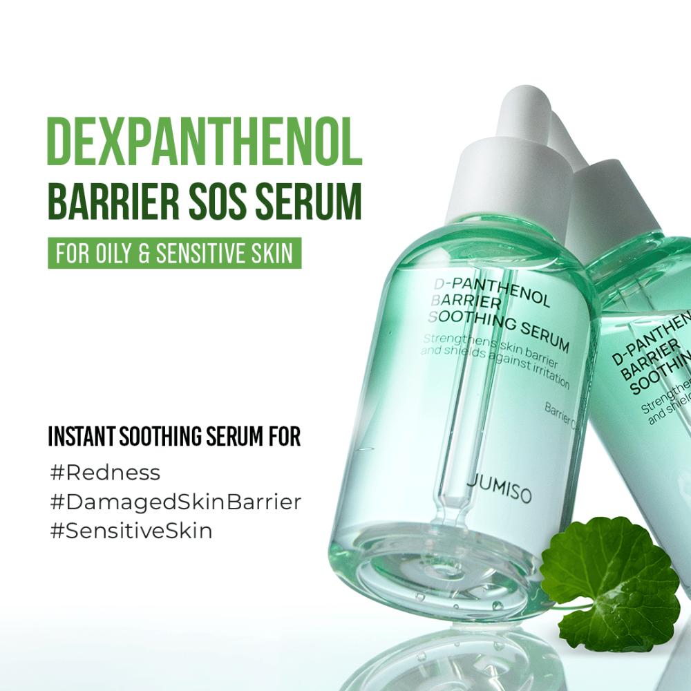 Product image of Jumiso D-Panthenol Barrier Soothing Serum with text about SOS effect for sensitive skin, redness, and damaged skin barrier.