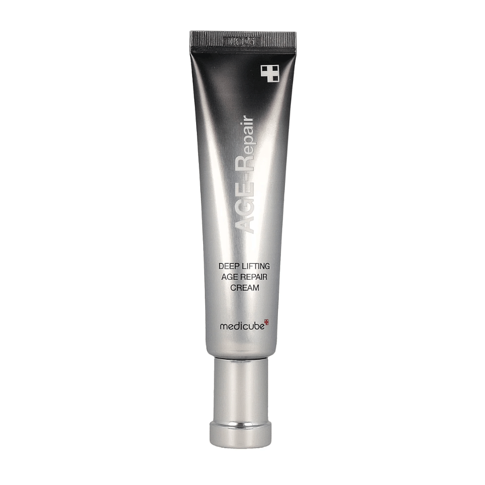 Product image of Medicube Deep Lifting Age Repair Cream in silver tube against white background.