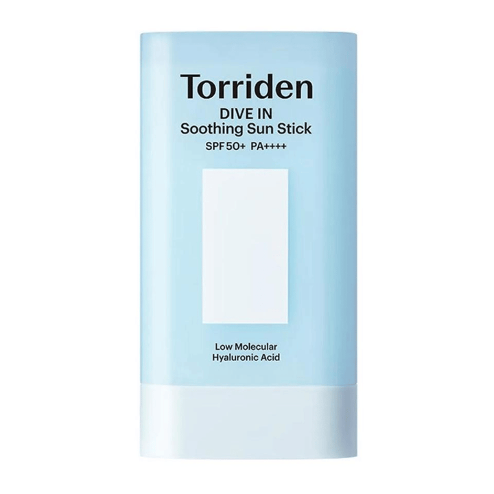 Torriden DIVE IN Soothing Sun Stick SPF50+ PA++++ with low molecular weight hyaluronic acid in light blue packaging against a neutral background.