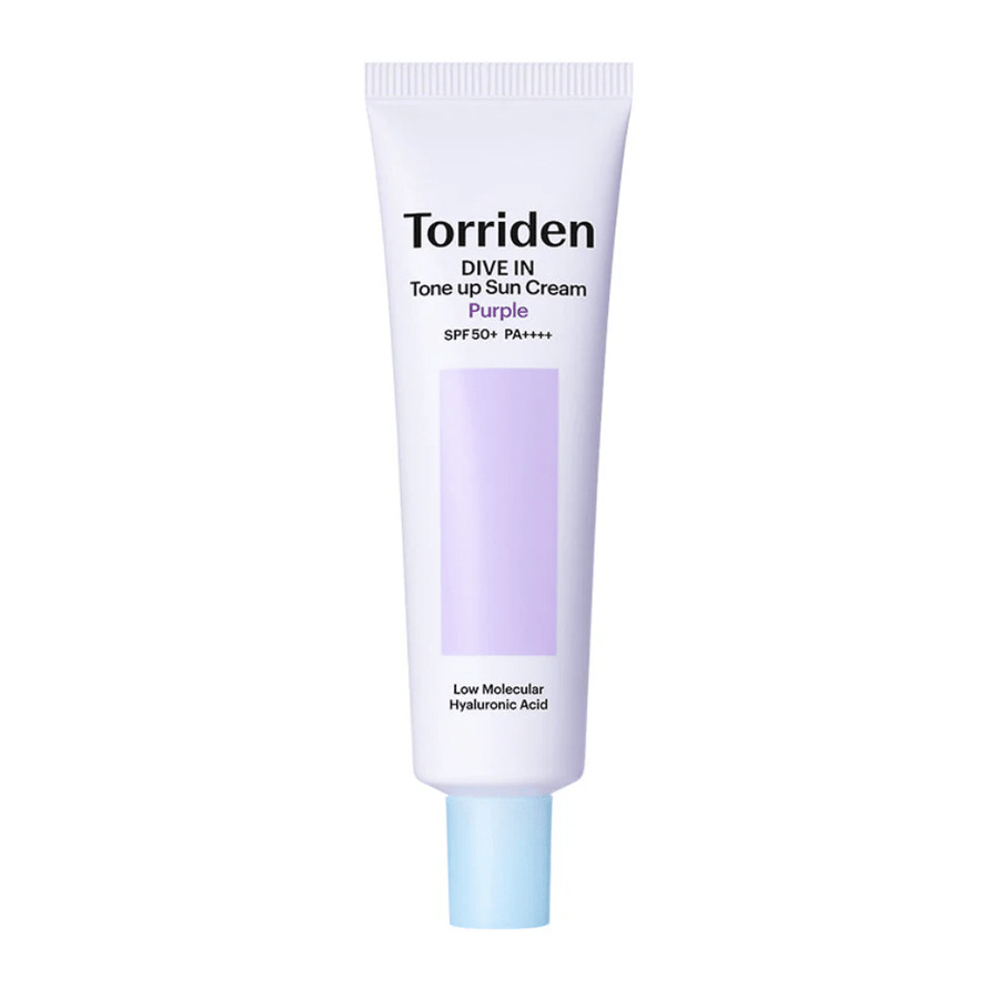 Torriden DIVE IN Tone Up Sun Cream Purple SPF50+ PA++++ in a white and purple tube with low molecular weight hyaluronic acid against a neutral background.