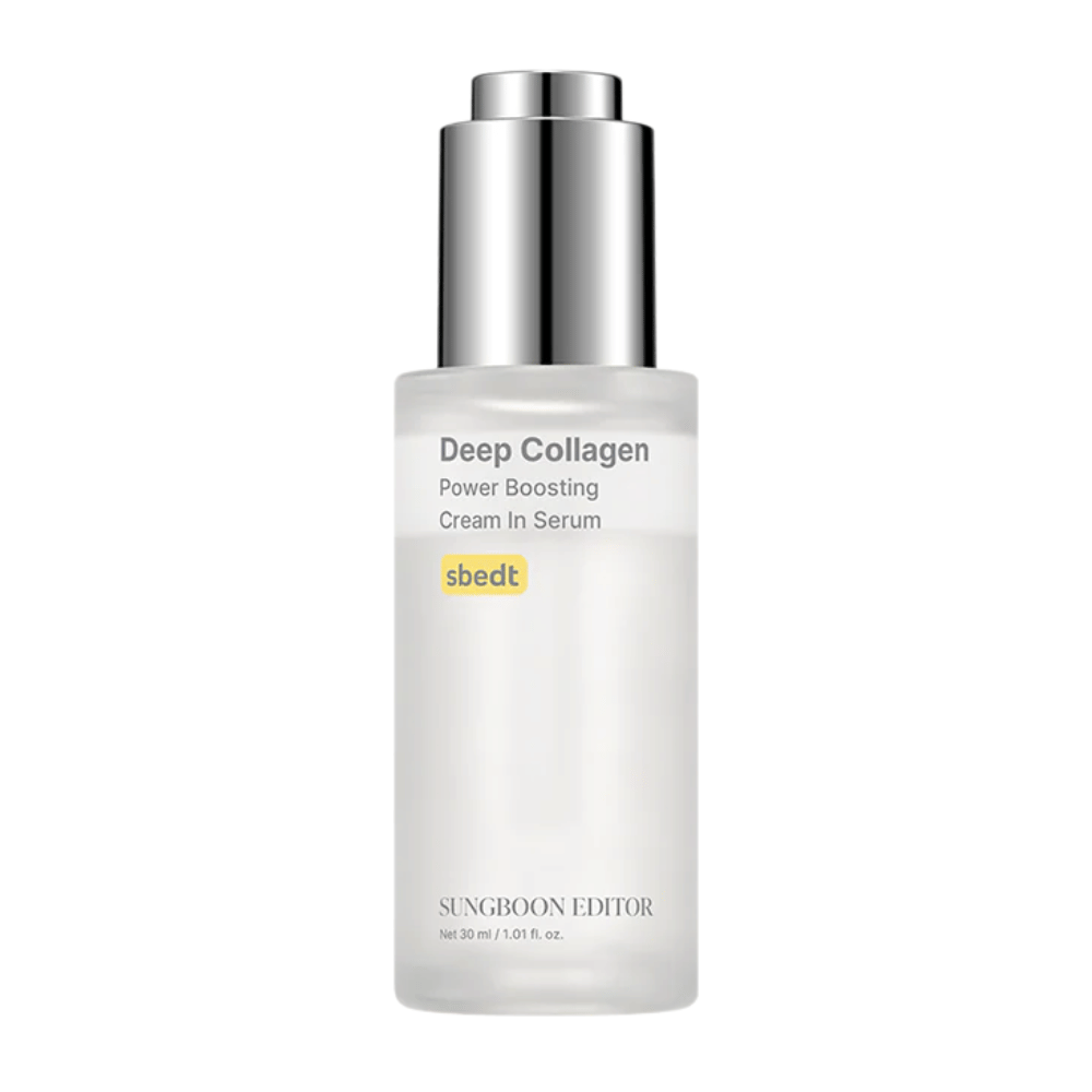 Deep Collagen Power Boosting Cream in Serum in elegant transparent bottle with silver cap. A collagen-rich product that provides fuller skin.
