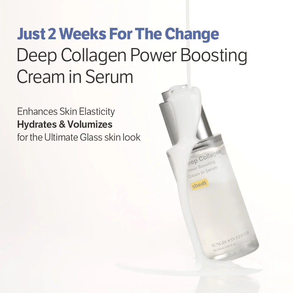 Sungboon Editor Deep Collagen Power Boosting Cream in Serum covered in running cream. Product that moisturizes, strengthens elasticity, and gives glassy skin.