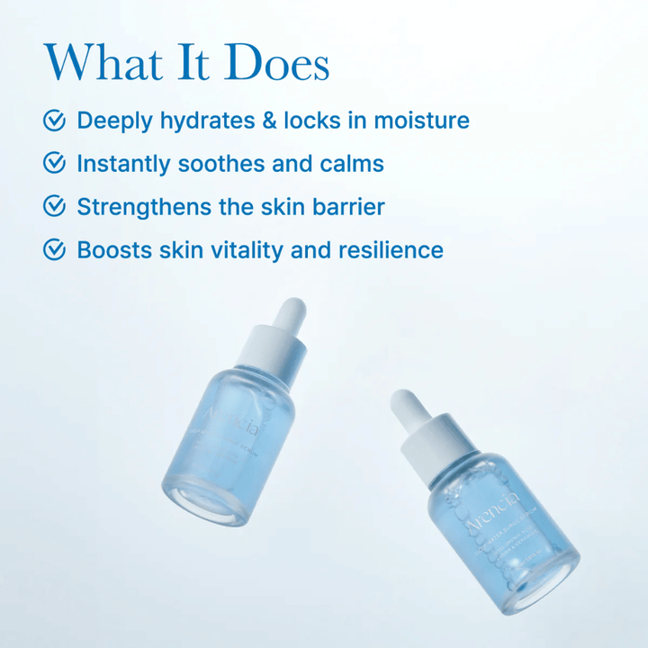Two bottles of Arencia Deep Water Surge Serum highlighting the serum's light, water-based texture for intense hydration and balanced skin.