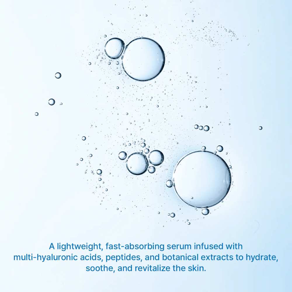 Illustration of water bubbles symbolizing intense hydration from Arencia Deep Water Surge Serum with multi-hyaluronic acid and fast-absorbing formula.