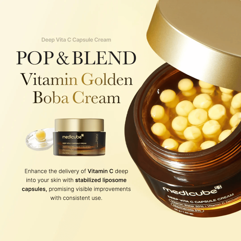The packaging of "Medicube Deep Vita C Capsule Cream," a vitamin C-enriched cream containing stabilized liposome capsules for effective skin penetration. The text "POP & BLEND Vitamin Golden Boba Cream" emphasizes the product's features, and the visual presentation shows the capsules promising visible improvements with continuous use.