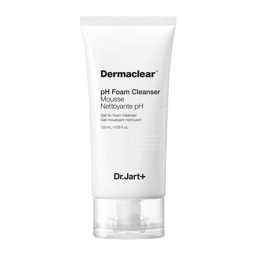 White tube of Dr.Jart+ Dermaclear pH Foam Cleanser with black text, standing upright against a white background.