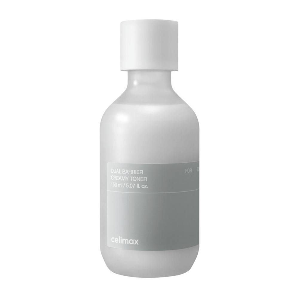 White bottle with gray label for Celimax Dual Barrier Creamy Toner – a hydrating toner with a mild formula, specially designed for sensitive and dry skin.