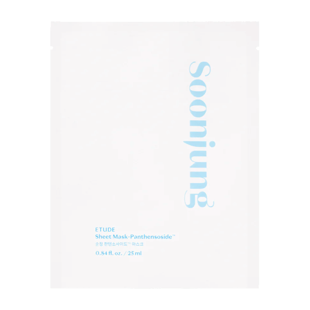 A minimalist white packaging of ETUDE Soon Jung Panthensoside Sheet Mask. The text is in a light blue shade and the size is indicated as 0.84 fl. oz. / 25 ml.