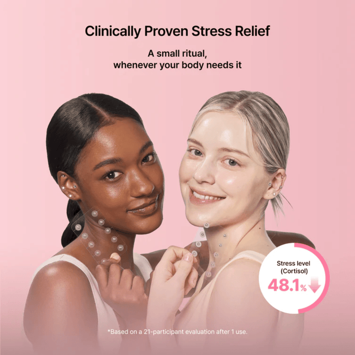 Two models show the use of RETURNITY Ear Therapy Acupressure Patch. The image highlights clinically evaluated results linked to stress reduction and well-being.