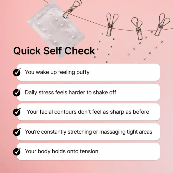 Illustration of common signs of stress, swelling, and tension. RETURNITY Ear Therapy Acupressure Patch is presented as part of a daily wellness routine for relaxation and balance.