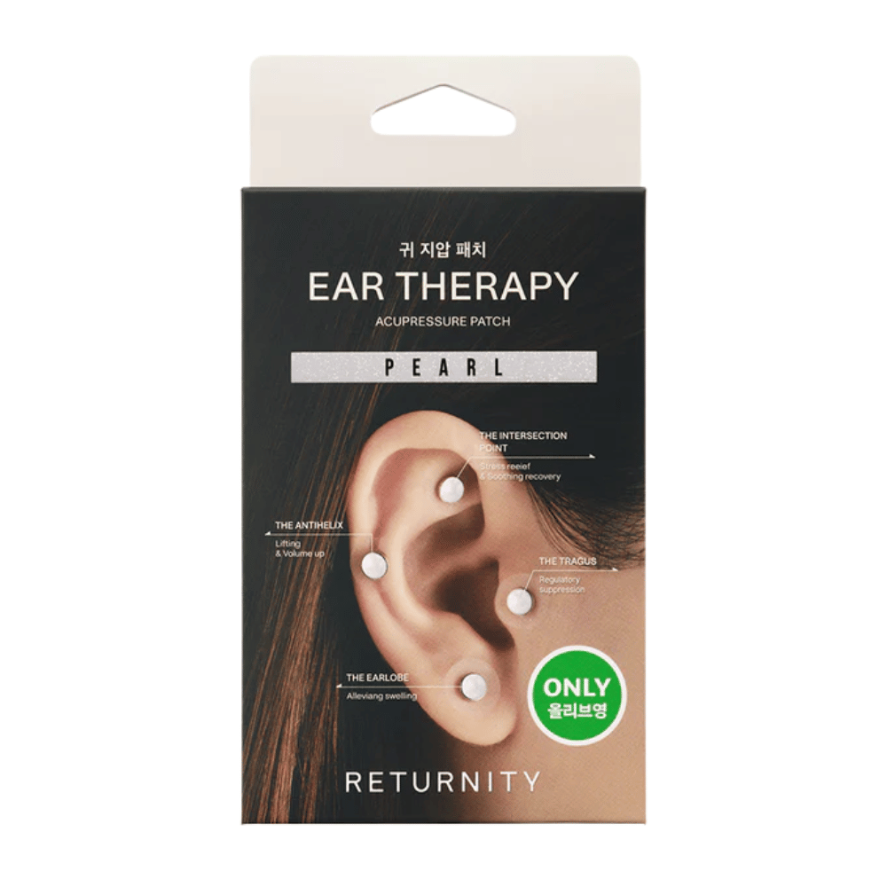 Packaging of RETURNITY Ear Therapy Acupressure Patch Pearl with an illustration of ear patches placed on different pressure points on the ear.