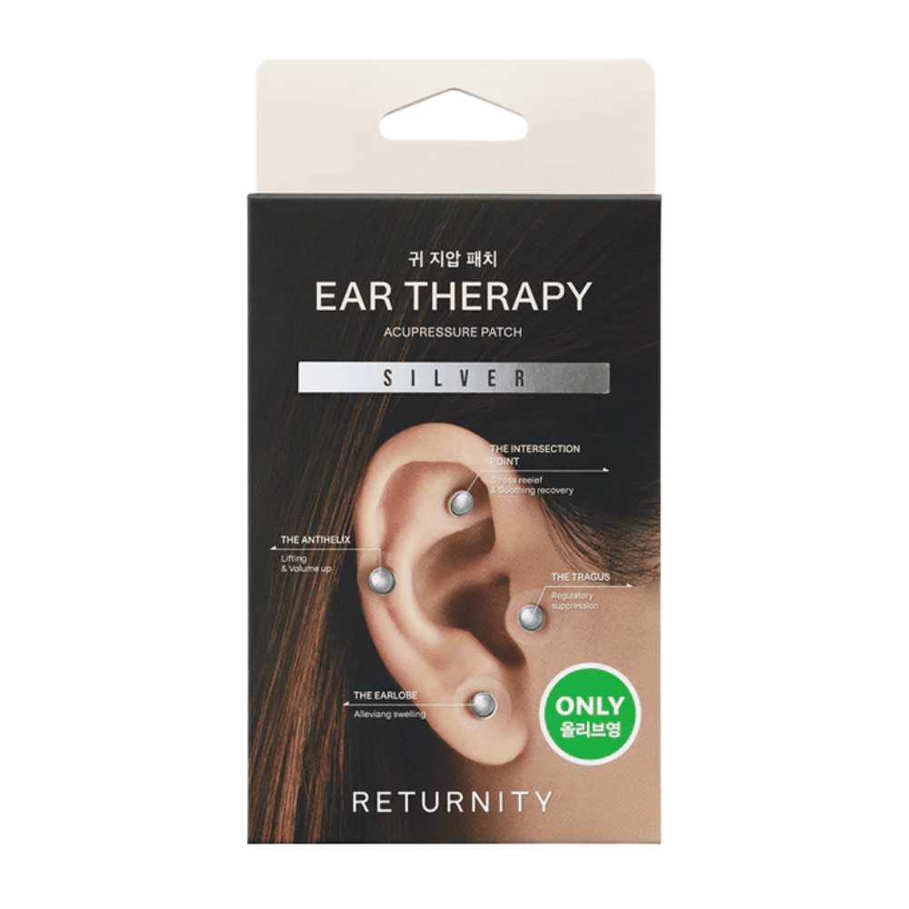 Packaging of RETURNITY Ear Therapy Acupressure Patch Silver with silver-colored ear patches and marked acupressure points on the ear.