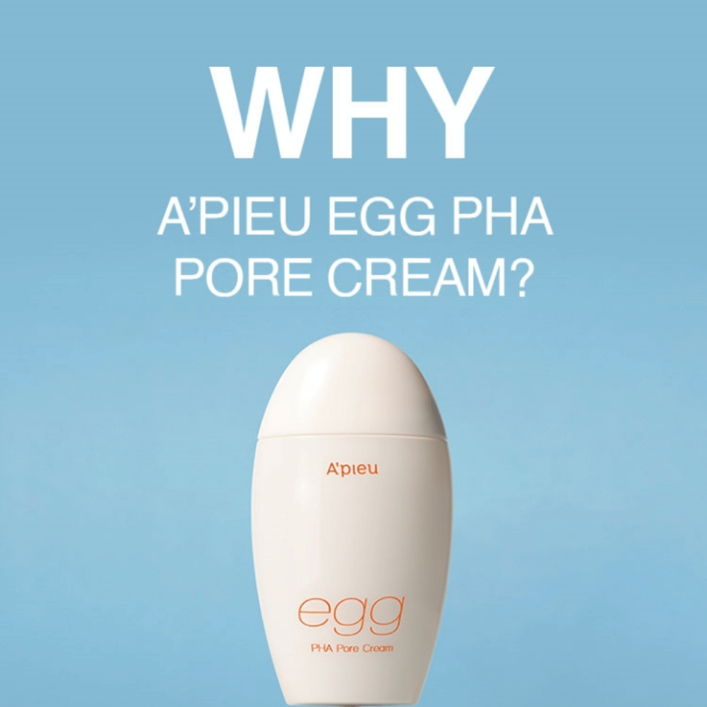 A'pieu Egg PHA Pore Cream in egg-shaped packaging on a blue background with the text "WHY A'PIEU EGG PHA PORE CREAM?", highlighting the product's benefits.
