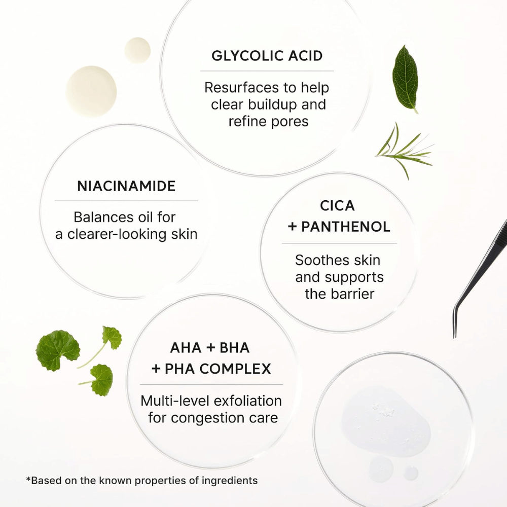 Arencia Eraser Shot Glycolic Acid Booster – glycolic acid, niacinamide, cica, panthenol, as well as AHA BHA PHA