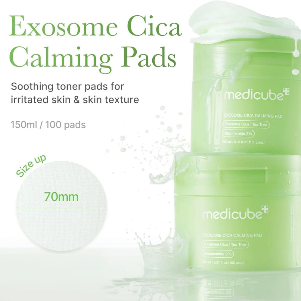 Medicube Exosome Cica Calming Pads in a green jar, soothing toner pads with niacinamide and tea tree for irritated skin, 150 ml/100 pads.