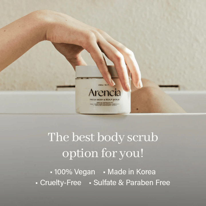Arencia Fresh Cloud Body & Scalp Scrub by the bathtub with a message about vegan formulation. Natural body scrub that exfoliates, cleanses, and provides a fresh skin feeling.