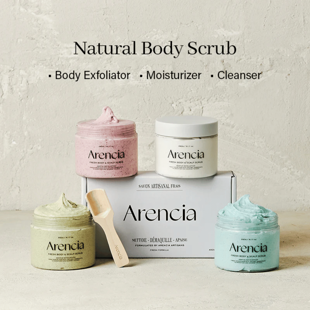 Four variants of Arencia Fresh Body & Scalp Scrub presented together, natural body scrub and scalp scrub for exfoliation and hydration.