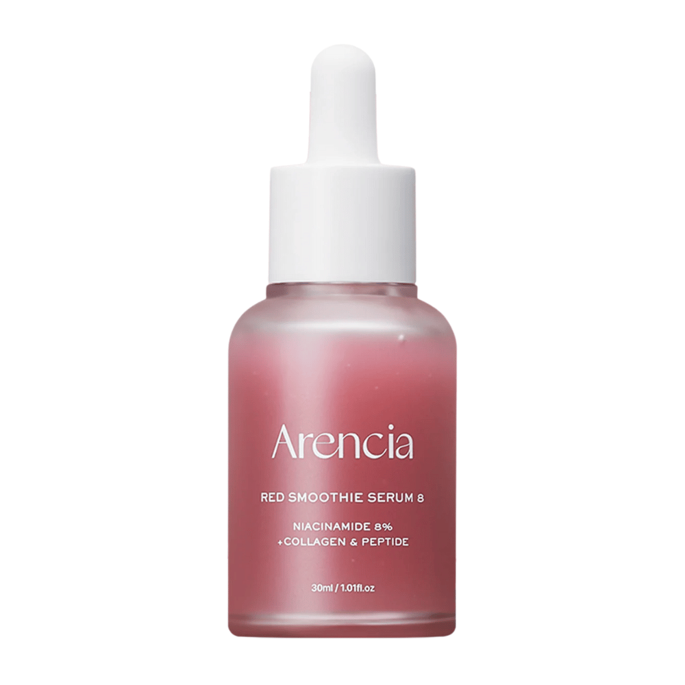 Arencia Red Smoothie Serum 8 in a glass bottle with a dropper, 30 ml. A pink serum with niacinamide, collagen, and peptides that strengthens the skin barrier and increases elasticity.