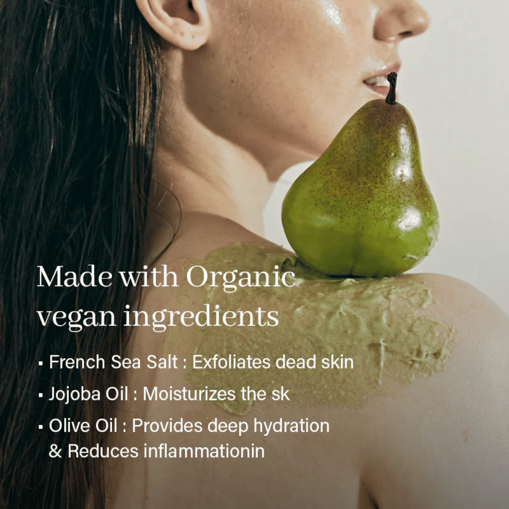 Arencia body scrub applied to skin with natural ingredients. Exfoliating scrub with sea salt and nourishing oils that remove dead skin cells and provide a glow.