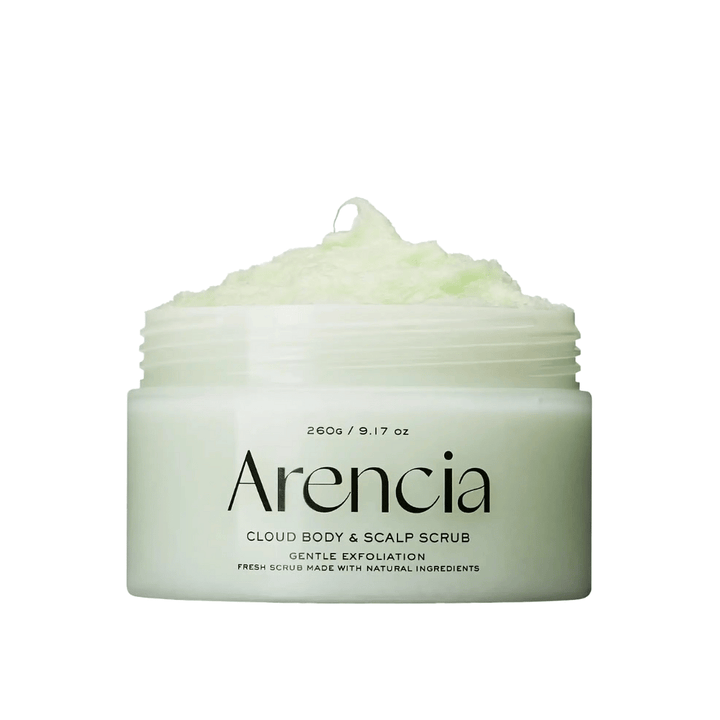 Arencia Fresh Cloud Body & Scalp Scrub in an open jar on a white background. Creamy body scrub that gently exfoliates, moisturizes the skin, and provides a soft, fresh feeling.