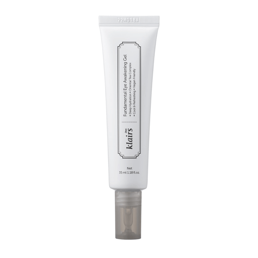 Frilagd produktbild av Klairs Fundamental Eye Awakening Gel mot vit bakgrund. Tuben visas framifrån för att tydligt presentera produktnamn, storlek och den rena, minimalistiska design som kännetecknar Klairs produkter.