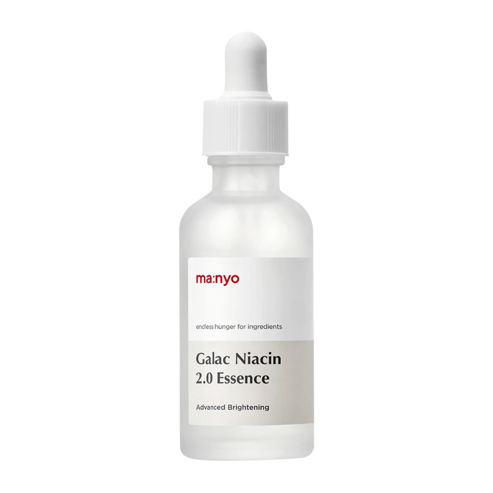 Close-up of Ma:nyo Galac Niacin 2.0 Essence – advanced updated formula that hydrates, brightens, and improves skin elasticity.