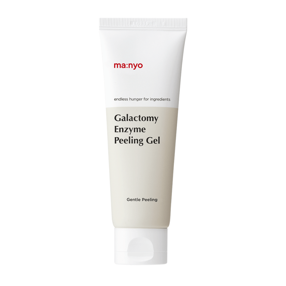 ma:nyo Galactomy Enzyme Peeling Gel, gentle exfoliating peeling gel in a white and beige tube against a white background.