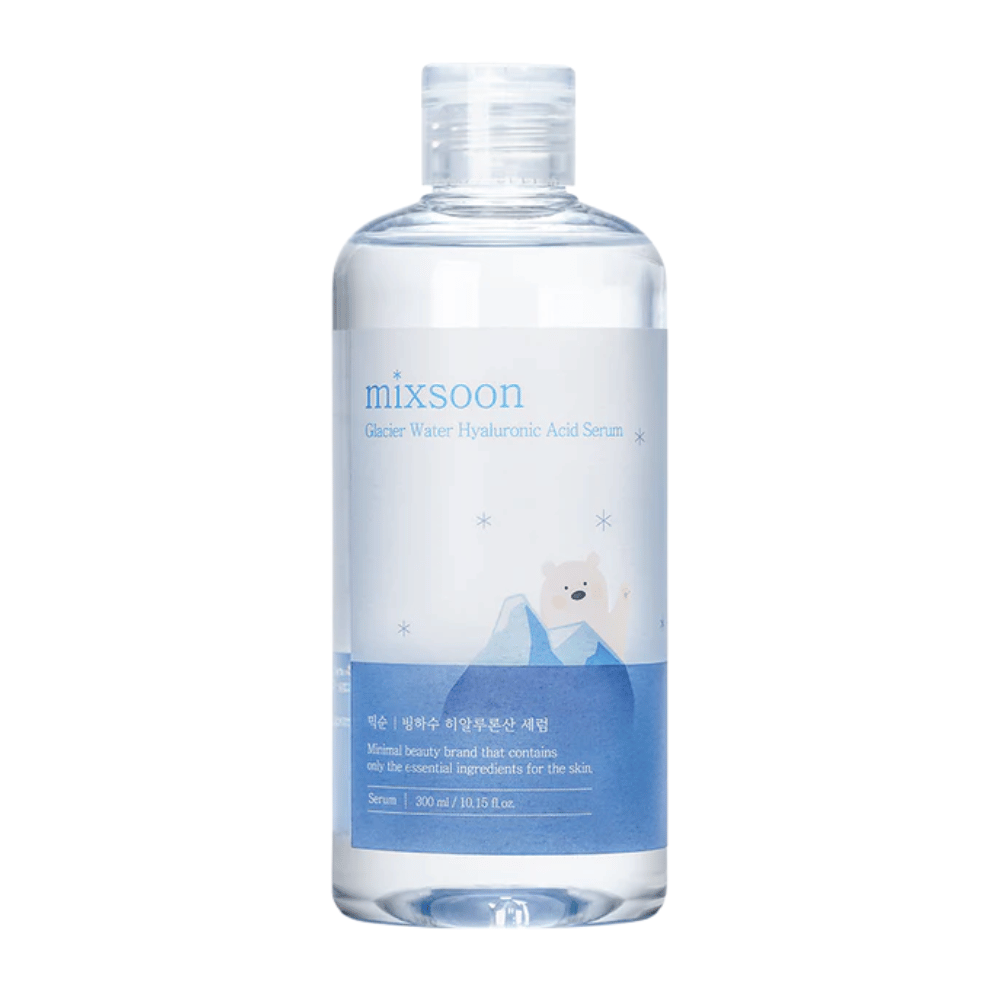 Mixsoon Glacier Water Hyaluronic Acid Serum in a transparent bottle with a blue label and polar bear motif, seen from the front against a white background.