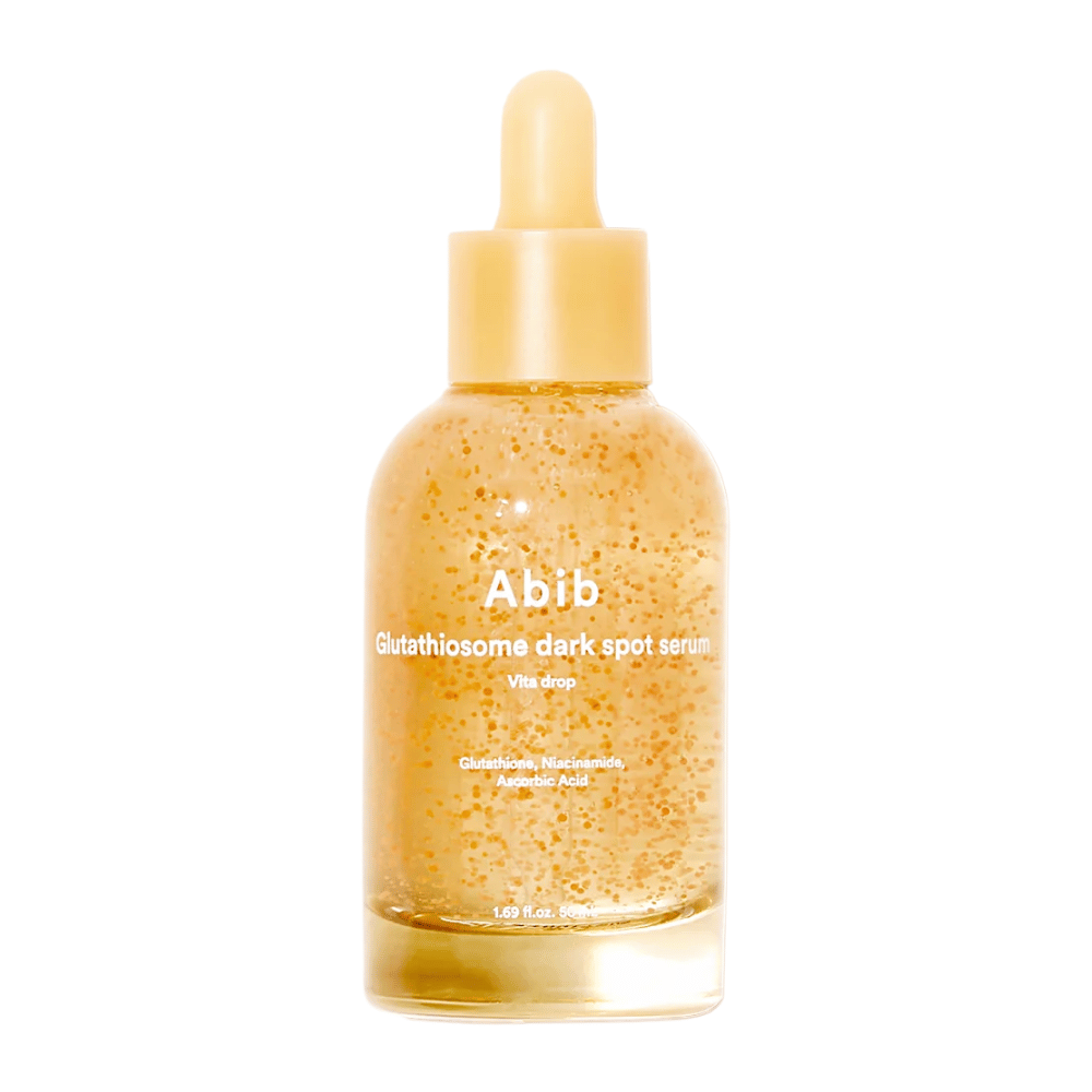 Product image of Abib Glutathiosome Dark Spot Serum Vita Drop in a transparent glass bottle with a yellow dropper and visible microcapsules in the serum.