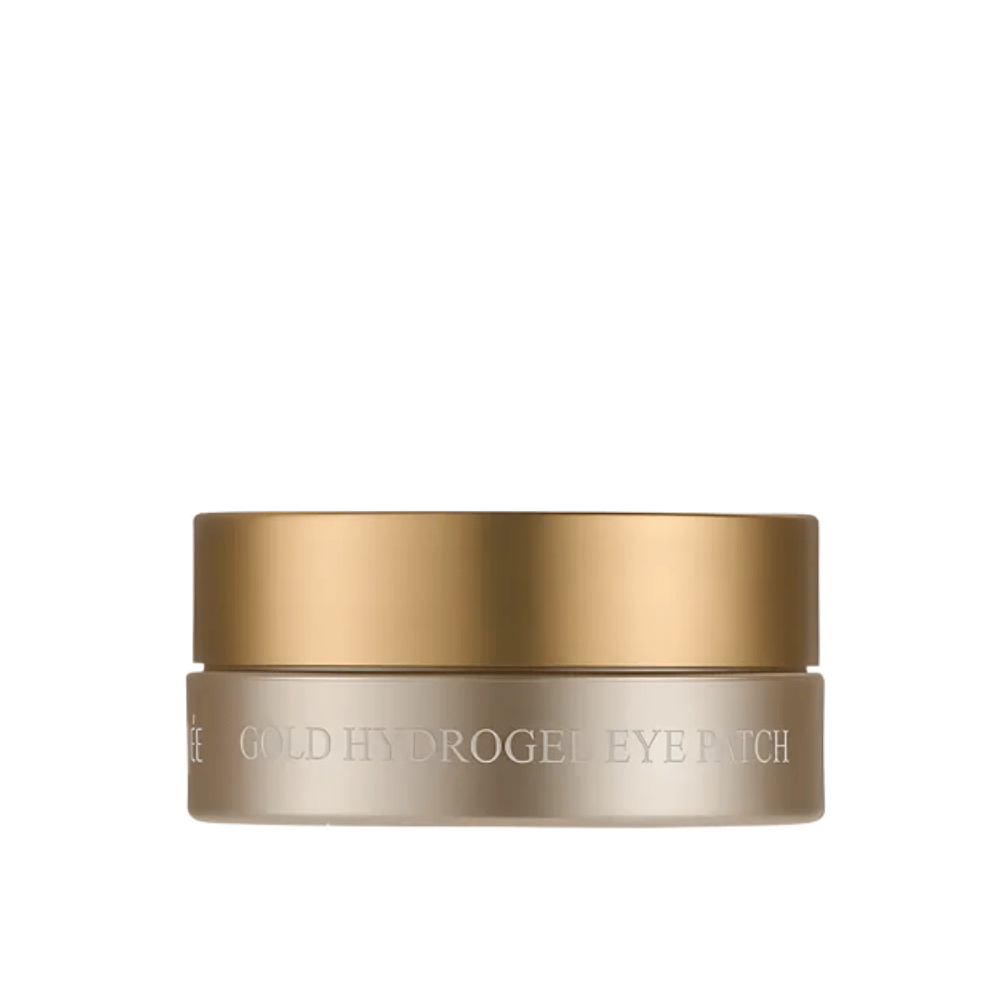 Cut-out product image of PETITFEE Gold Hydrogel Eye Patch in an elegant gold-colored jar against a light background. The design gives an exclusive and luxurious impression.