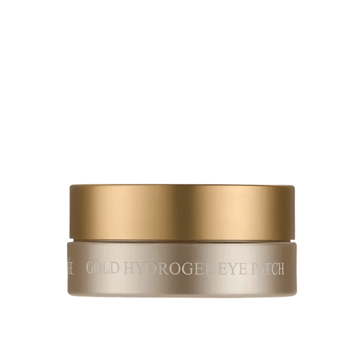 Cut-out product image of PETITFEE Gold Hydrogel Eye Patch in an elegant gold-colored jar against a light background. The design gives an exclusive and luxurious impression.